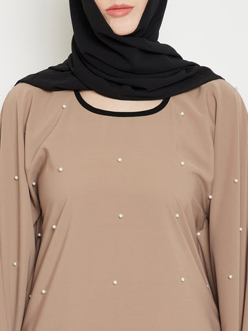 Nabia Women Beige Solid Kaftan Abaya Enhanced Pearl Design With Georgette Scarf