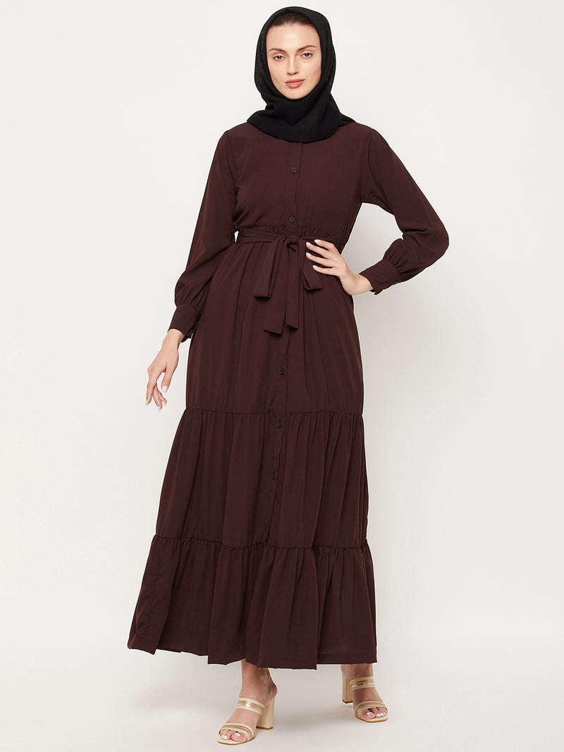 Nabia Brown Frilled Nida Matte Fabric Women Abaya With Georgette Scarf