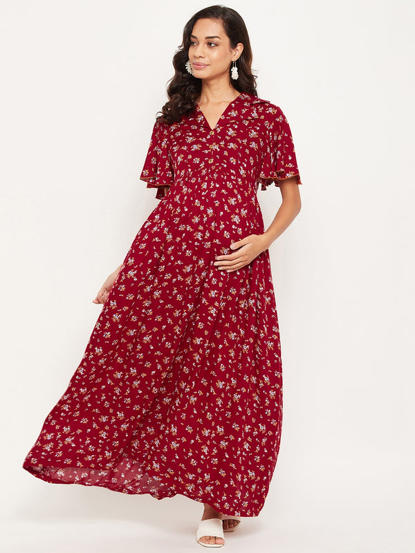 Maternity Maroon Floral Printed Dress for Women