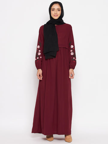 Nabia Women Maroon Chikan Hand Embroidery Design  Abaya With Georgette Scarf