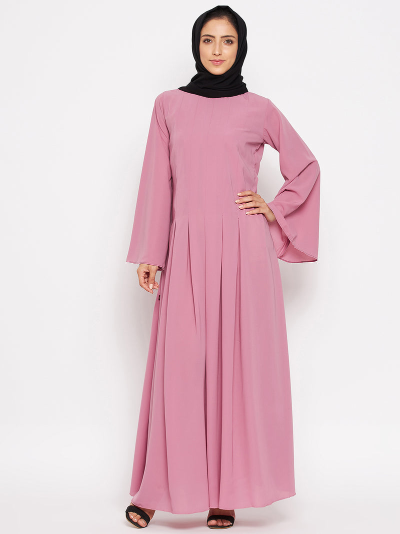 Nabia Women Fuse Pink Nida Matte Bell Long Sleeves Abaya With Georgette Scarf