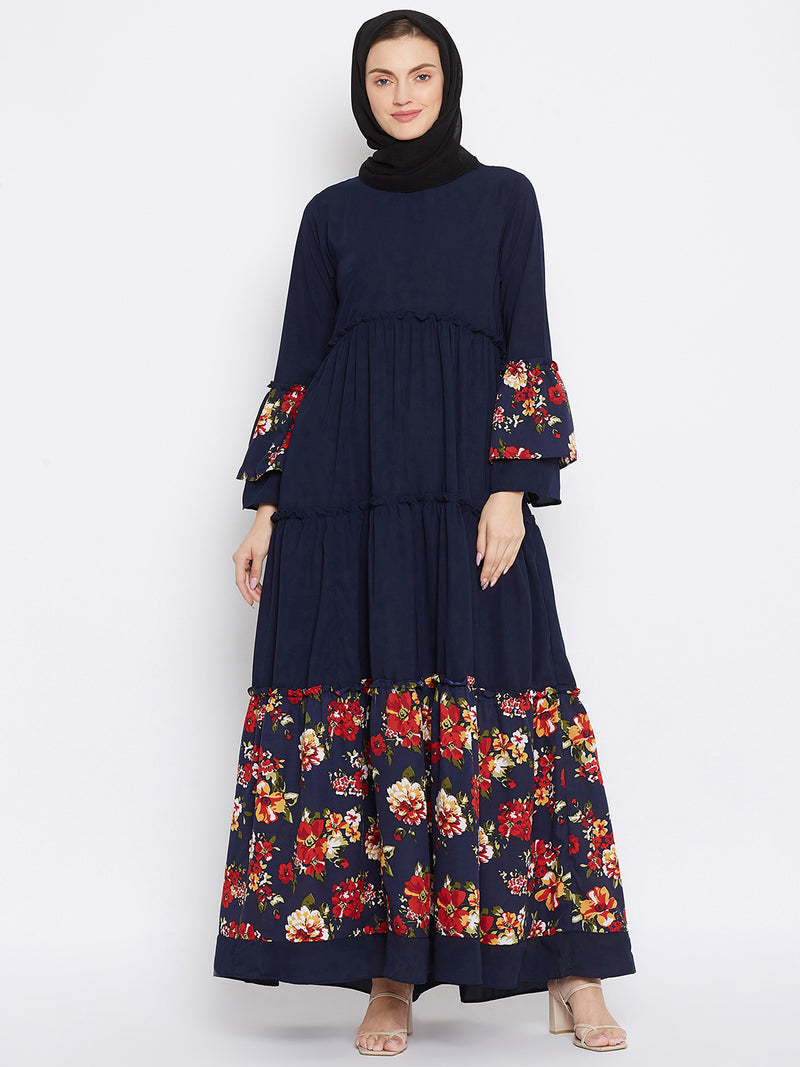 Nabia Women Blue Solid & Floral Printed Nida Matte Frill Abaya With Georgette Scarf