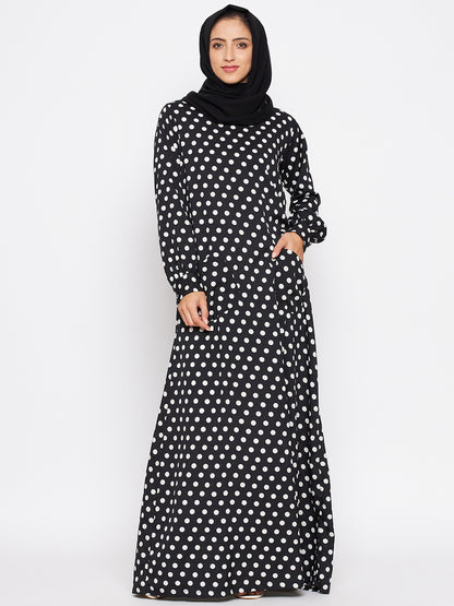 Nabia Women Black Polka Crepe Abaya Dress With Georgette Scarf