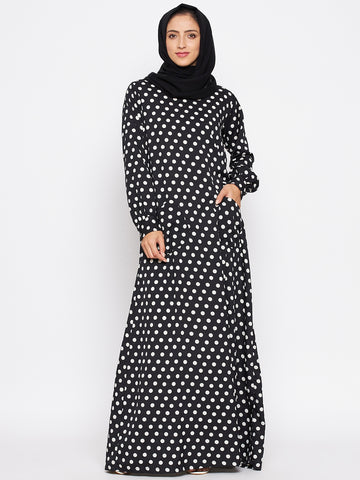 Nabia Women Black Polka Crepe Abaya Dress With Georgette Scarf