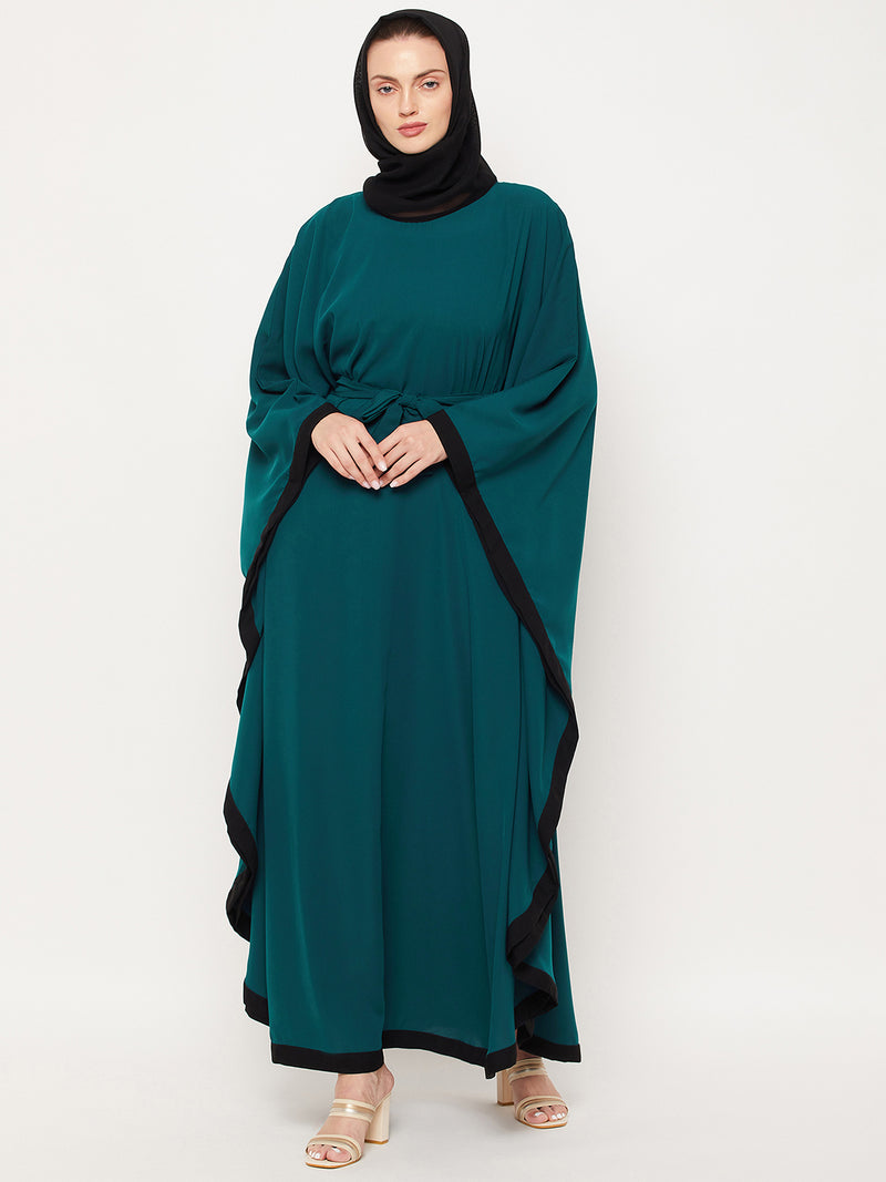 Nabia Bottle Green Nida Matte Full Length Kaftan Abaya With Georgette Scarf