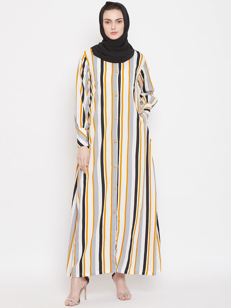 Nabia Women Yellow Front Open Striped Abaya With Georgette Scarf