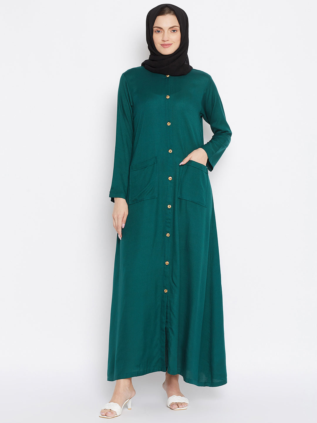 Nabia Women Bottle Green Rayon Front Open Abaya with Georgette Scarf