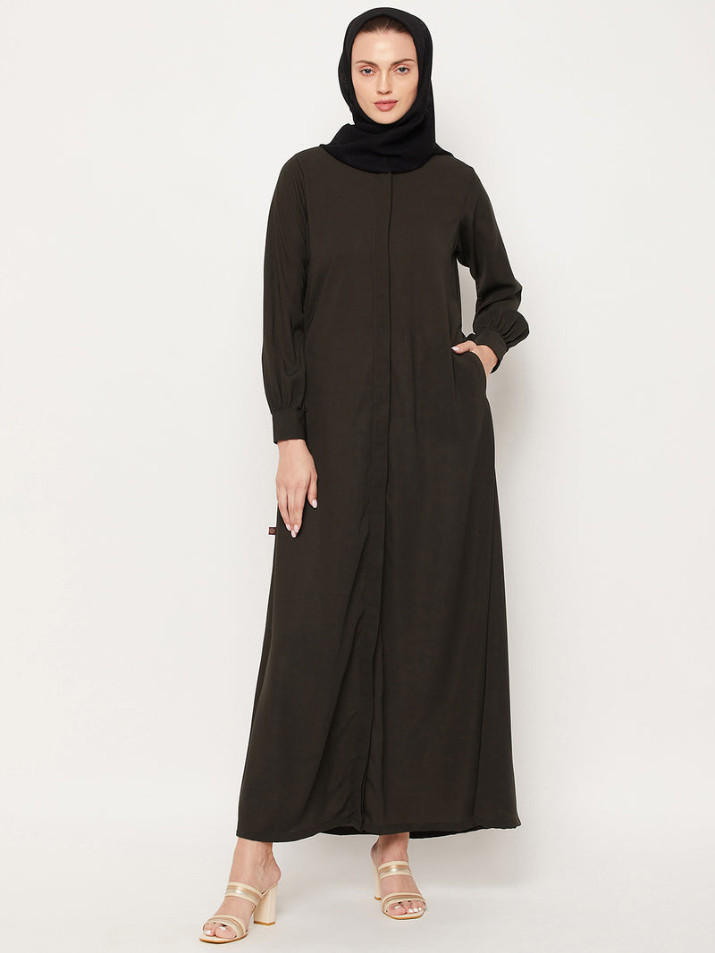 Nabia Olive Green Nida Mate Fabric Front Open  Abaya With Georgette Scarf