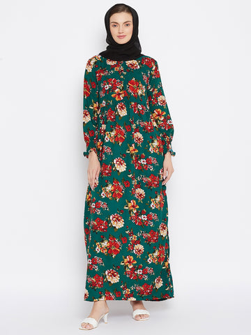 Nabia Women Bottle Green Floral Printed Crepe Abaya Dress With Georgette Scarf