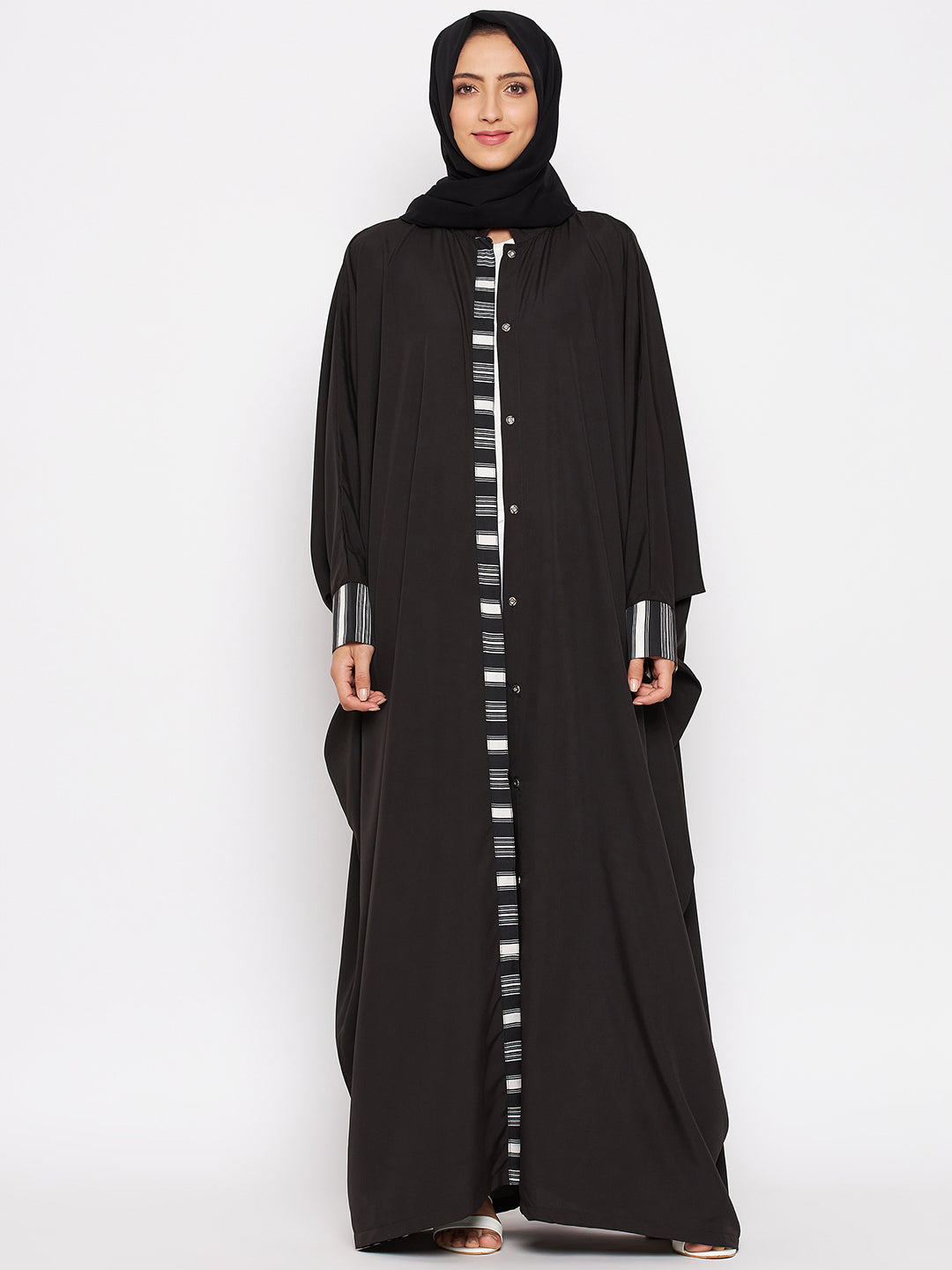 Nabia Women Black Solid Crepe Design Kaftan Abaya With Georgette Scarf