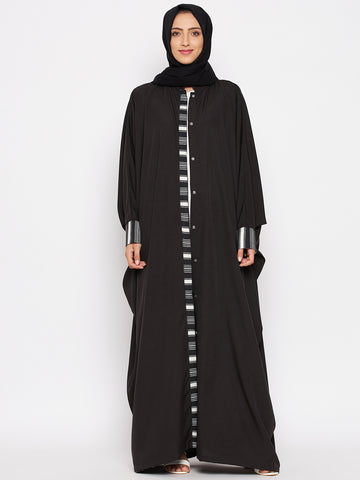Nabia  Women Black Solid Crepe Design Kaftan Abaya With Georgette Scarf