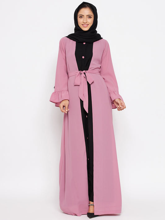 Nabia Fuse Pink & Black Two Color  Abaya with Georgette Scarf