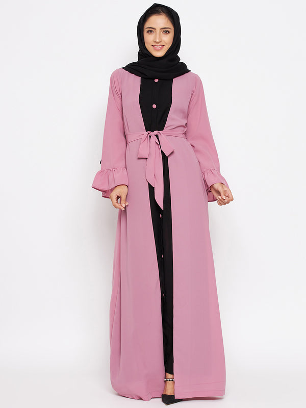 Nabia Women Fuse Pink & Black  Solid Two Color Combination Bell Sleeves Abaya With Georgette Scarf