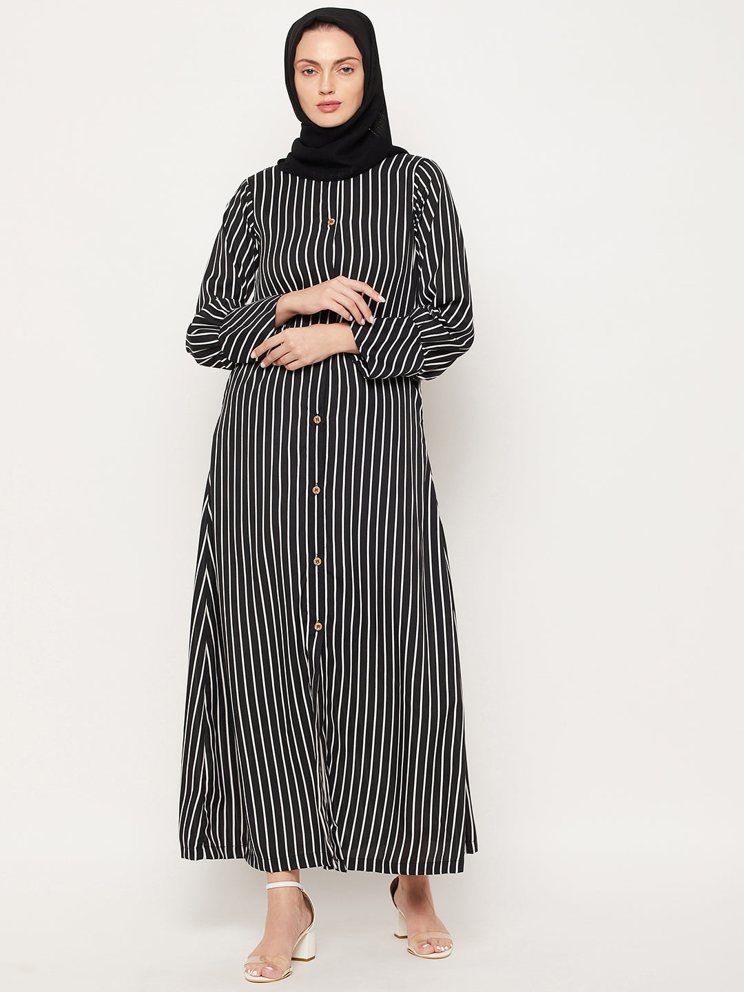 Nabia Black Striped Front Open Women Abaya with Georgette Scarf