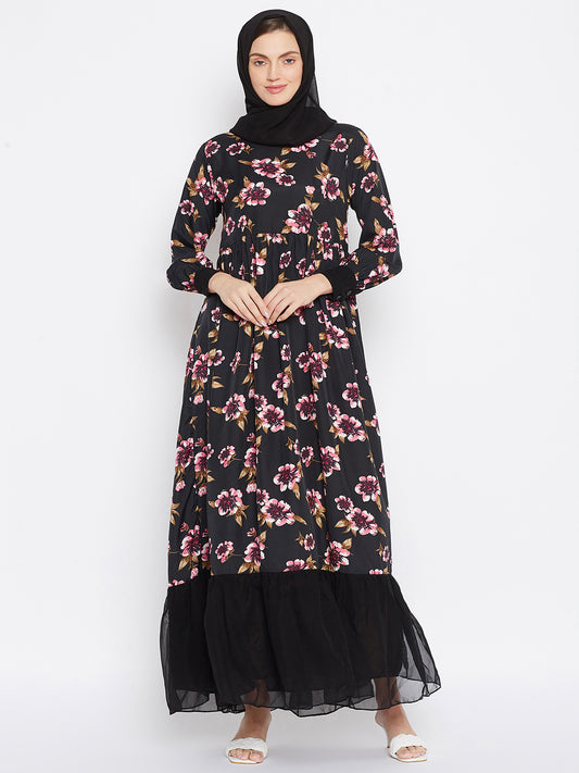 Nabia Women Black Floral Printed Crepe Frill Abaya Dress With Georgette Scarf
