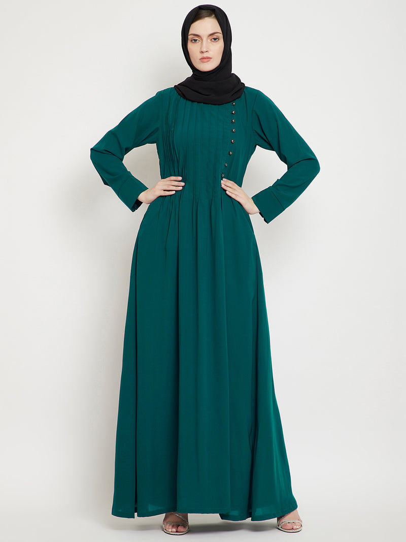 Nabia Women Green Solid Side Plate Abaya Dress With Georgette Scarf