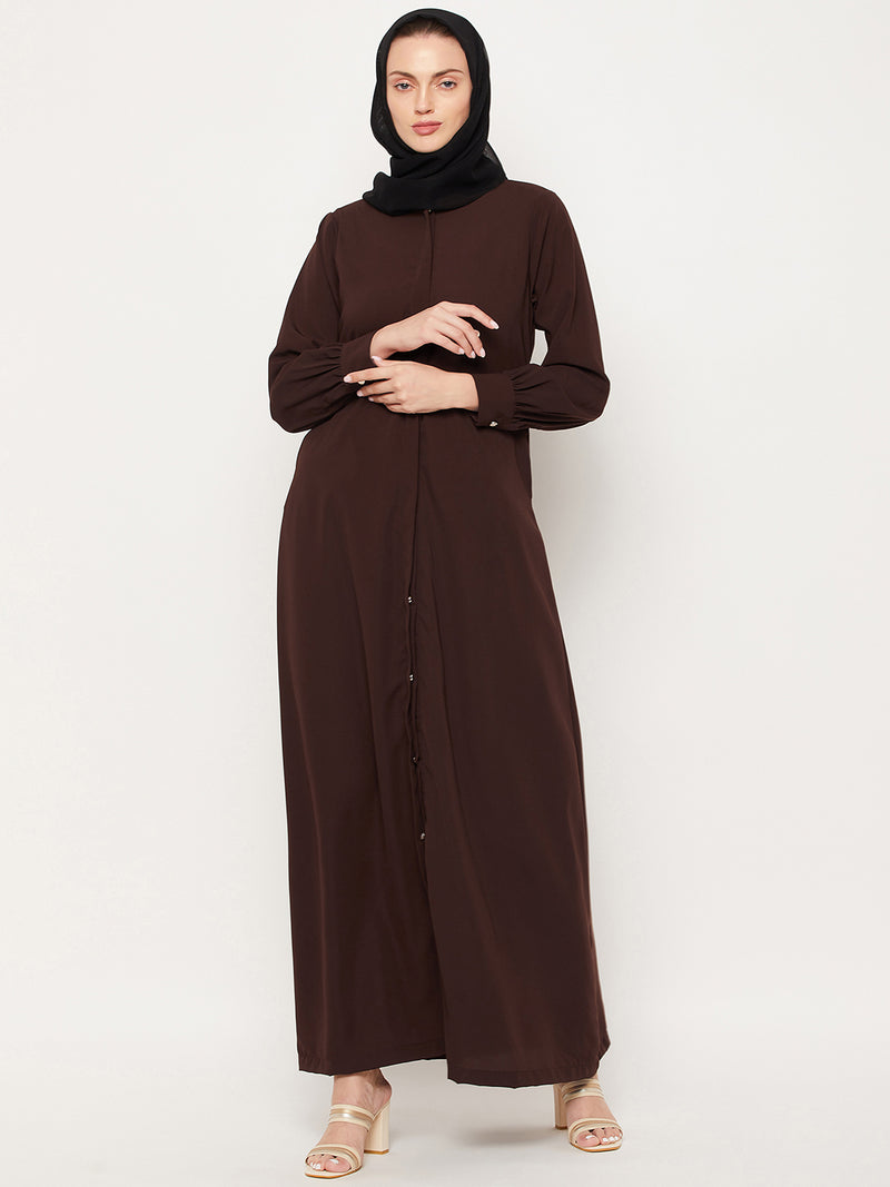 Nabia Brown Nida Mate Fabric Front Open Abaya With Georgette Scarf