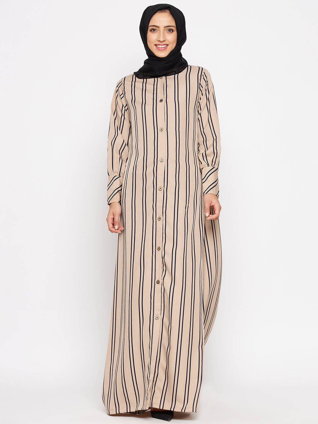 Nabia Women Beige Front Open Striped Abaya With Georgette Scarf