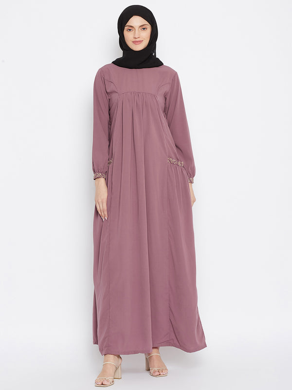 Nabia Women Pink Pocket Embroidery Nida Matte Fabric Abaya with Georgette Scarf