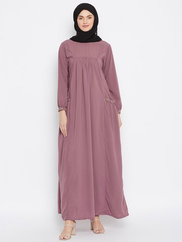 Nabia Women Pink Pocket Embroidery Nida Matte Fabric Abaya with Georgette Scarf