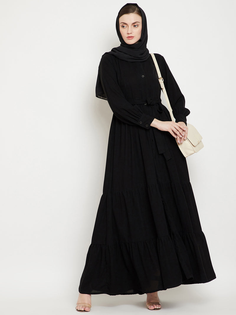 Nabia Women Black Solid Front Open Three Frilled Abaya  With Georgette Scarf