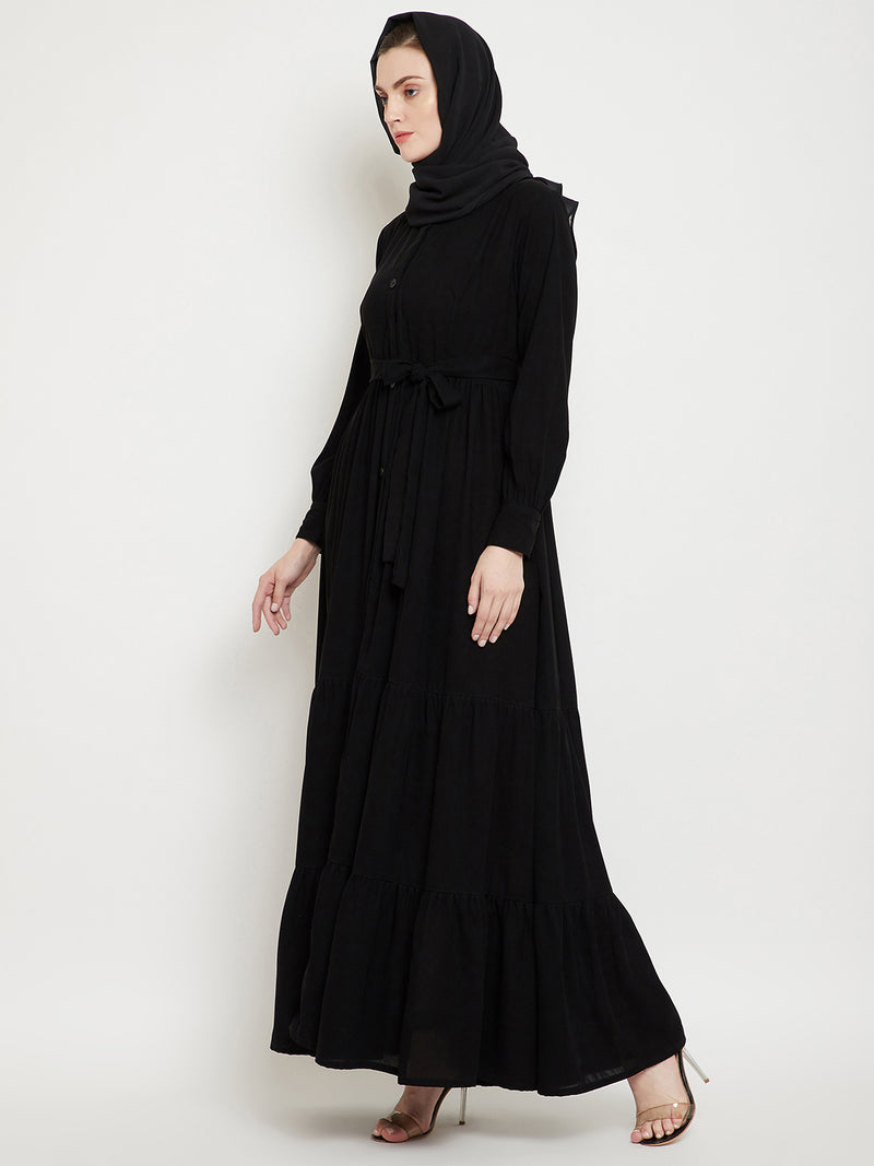 Nabia Women Black Solid Front Open Three Frilled Abaya  With Georgette Scarf