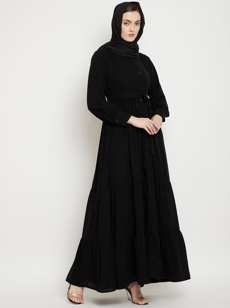 Nabia Women Black Solid Front Open Three Frilled Abaya  With Georgette Scarf