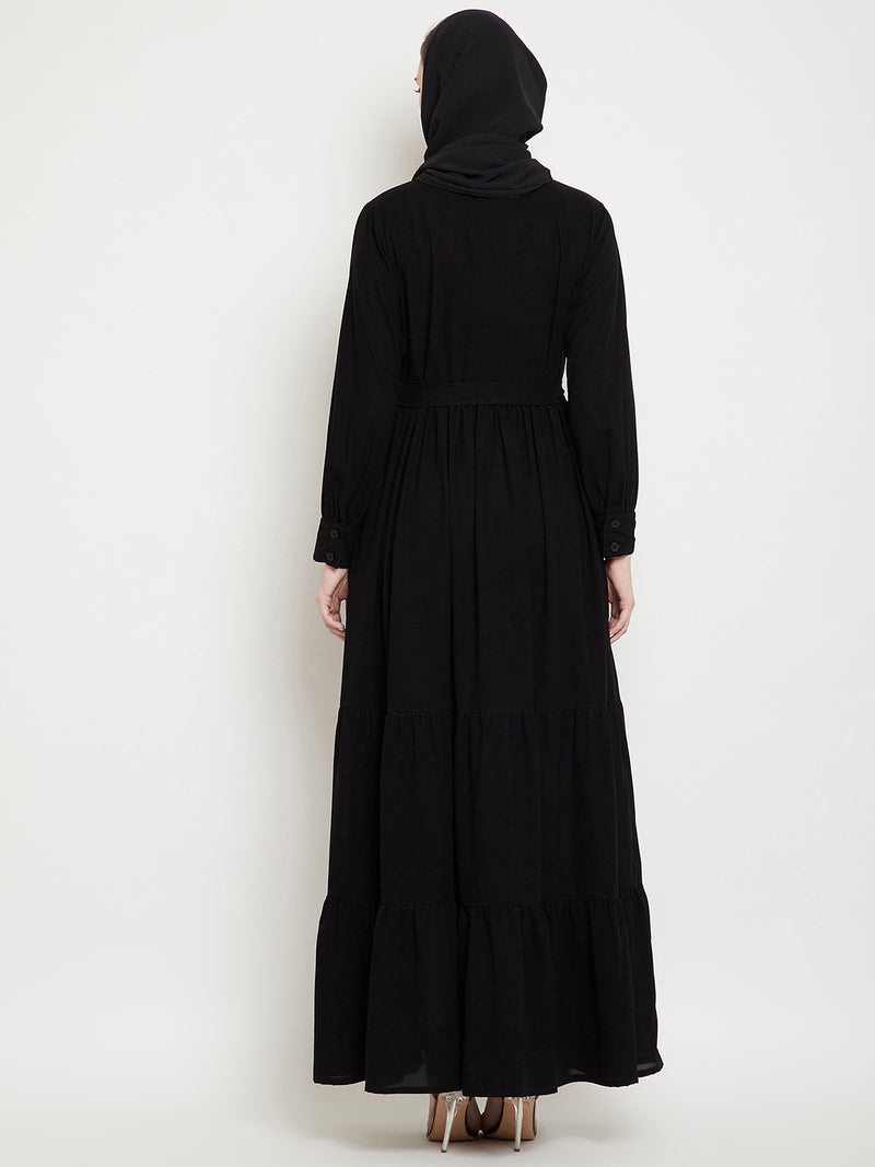 Nabia Women Black Solid Front Open Three Frilled Abaya  With Georgette Scarf