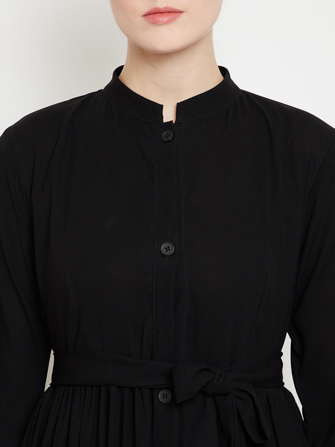 Nabia Women Black Solid Front Open Three Frilled Abaya  With Georgette Scarf