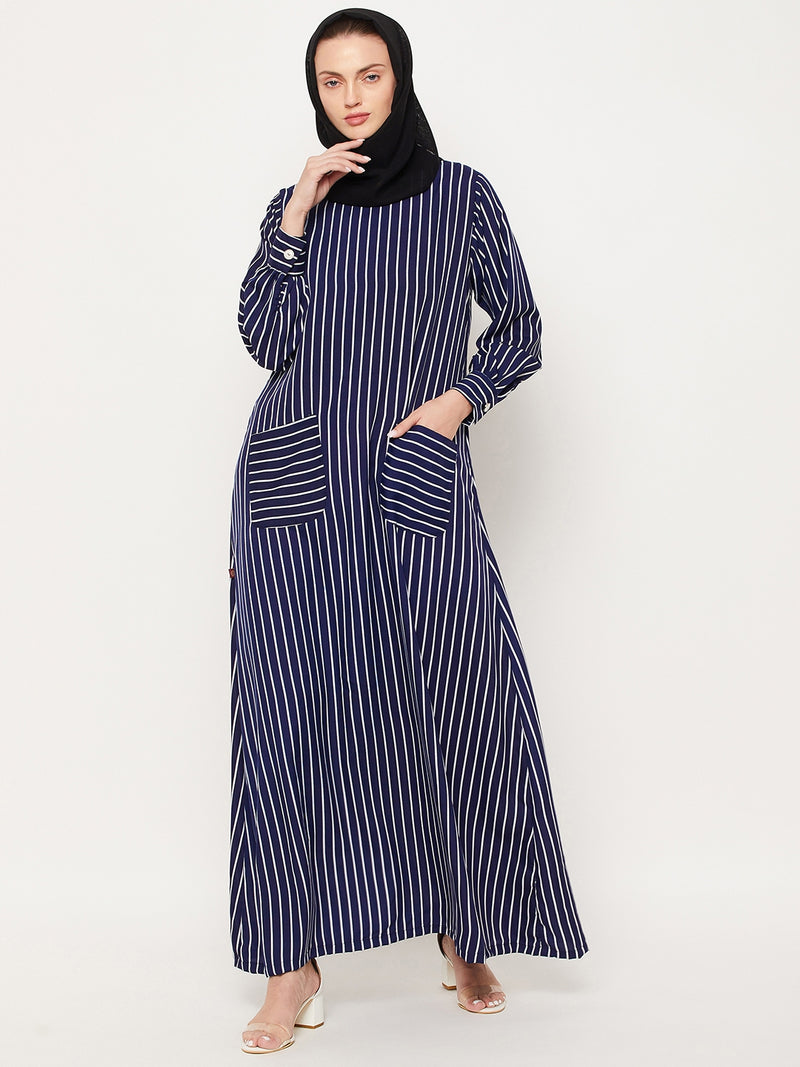 Nabia Blue Striped Crape Women Abaya With Georgette Scarf