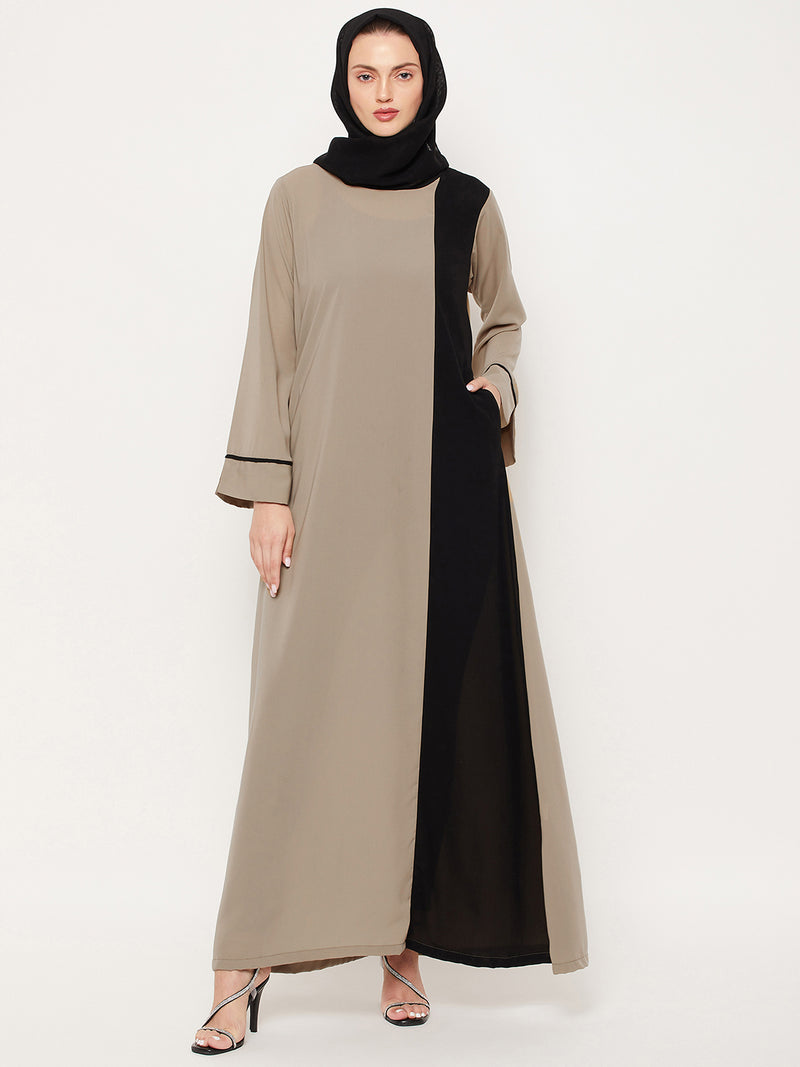 Nabia Beige & Black Nida Matte Fabric Abaya With Georgette Scarf