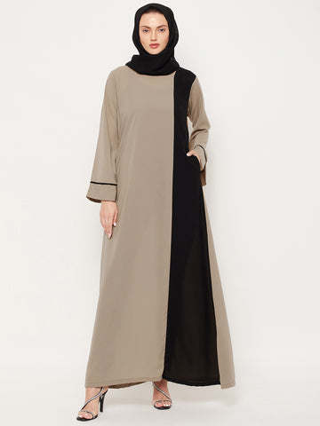 Nabia Beige & Black Nida Matte Fabric Abaya For Women With Georgette Scarf