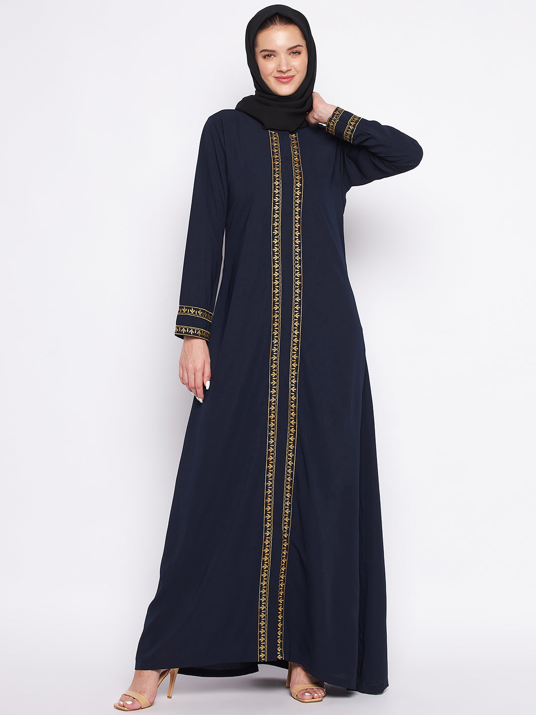 Nabia Blue Solid Nida Matte Fabric Abaya For Women with Georgette Scarf