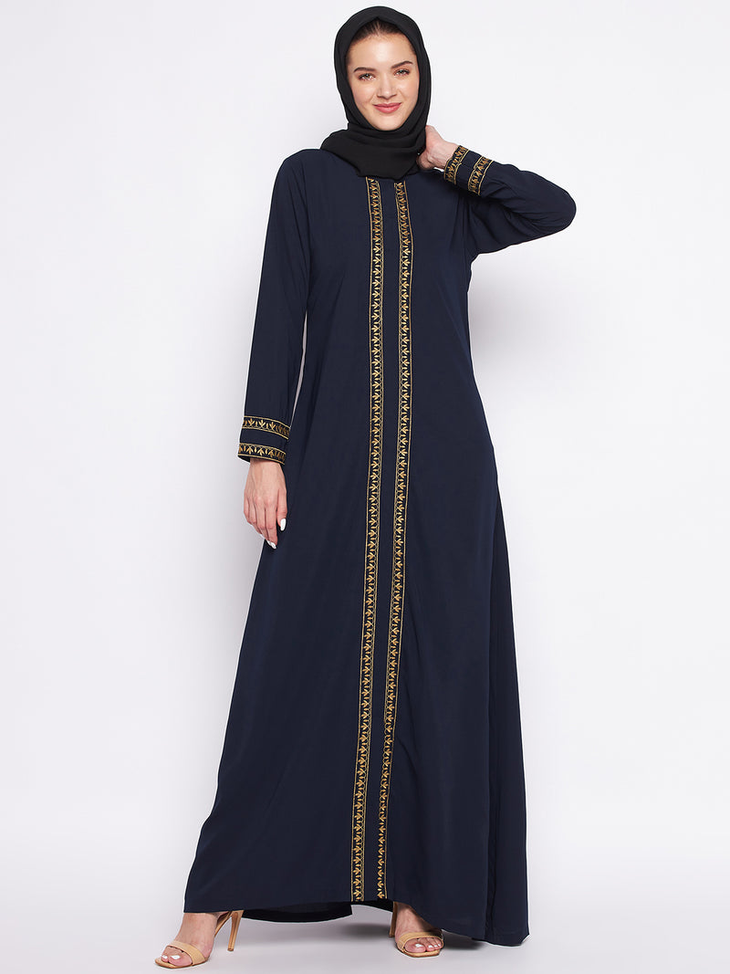 Nabia Blue Solid Nida Matte Fabric Abaya For Women With Georgette Scarf