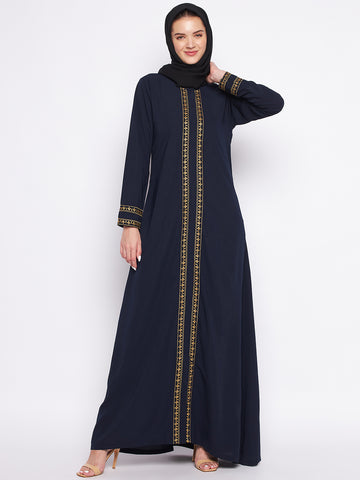 Nabia Blue Solid Nida Matte Fabric Abaya For Women With Georgette Scarf