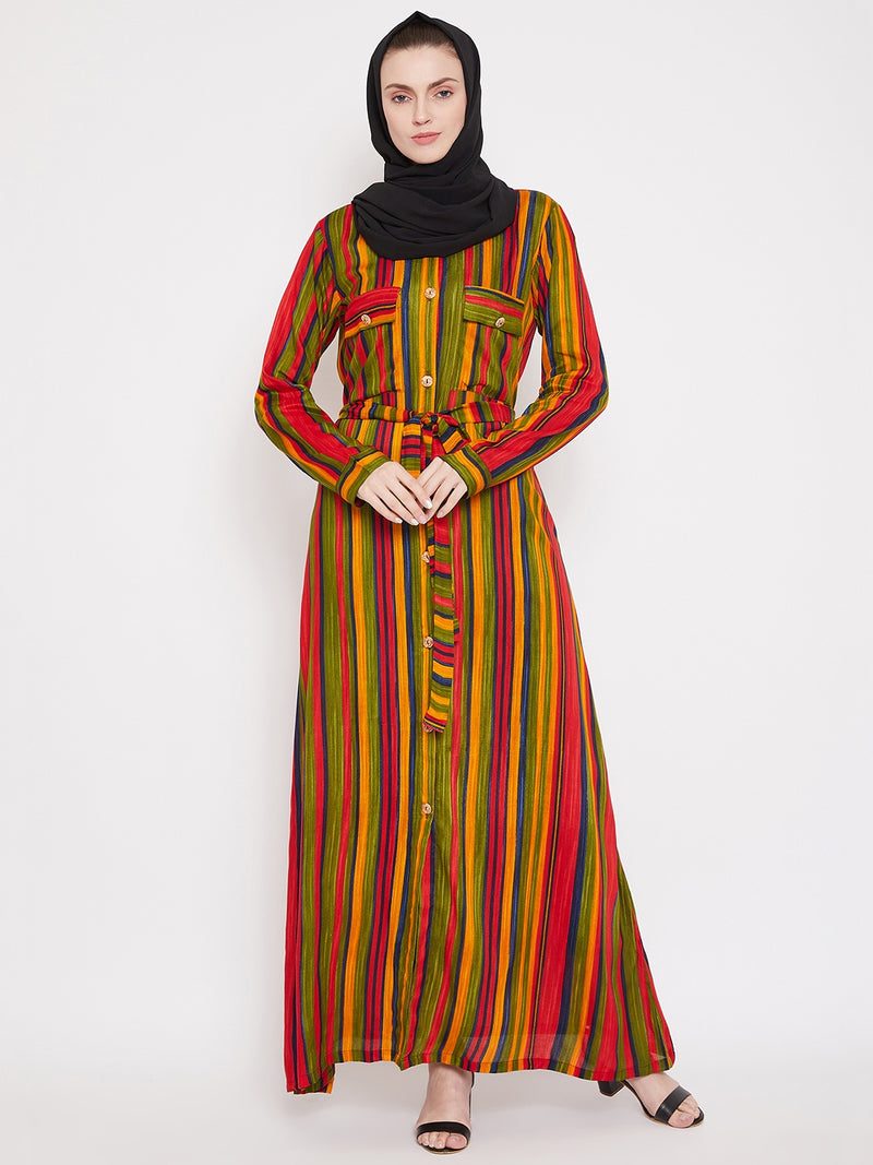Nabia Women Multi Striped Fabric Rayon Front Open Abaya With Georgette Scarf