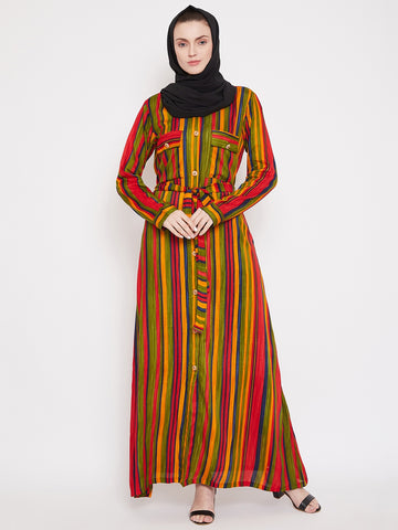 Nabia Women Multi Striped Fabric Rayon Front Open Abaya With Georgette Scarf