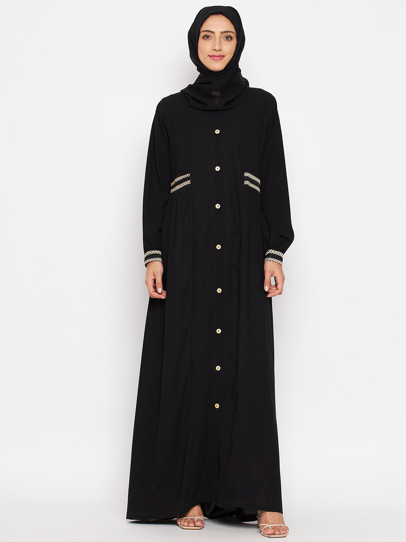 Nabia Women Black Embroidery Nida Matte Long Sleeves Abaya With Georgette Scarf