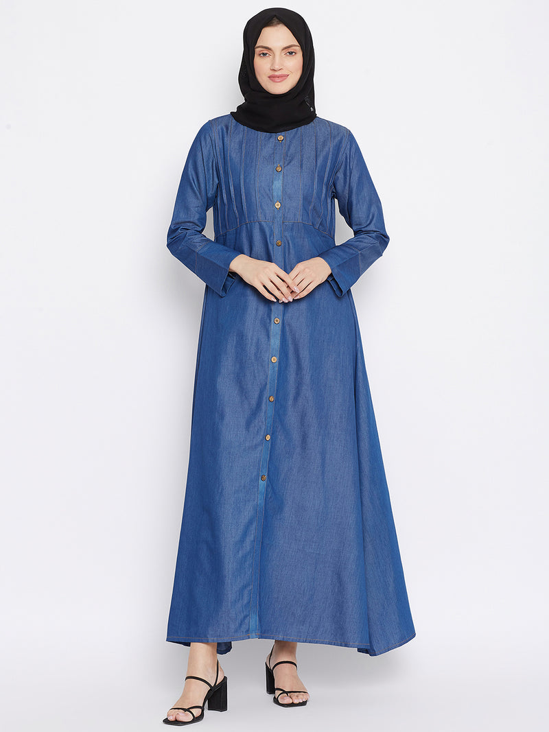 Nabia Women Blue Solid Denim Abaya With Georgette Scarf