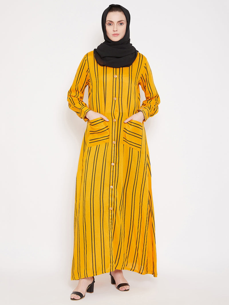 Nabia Women Yellow Rayon Fabric Front Open Striped Abaya With Georgette Scarf
