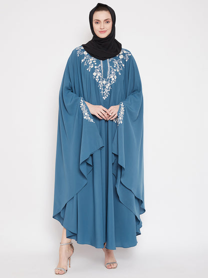 Nabia Sky Blue Irani Kaftan Abaya Chikan Hand Embroidered with Georgette Scarf