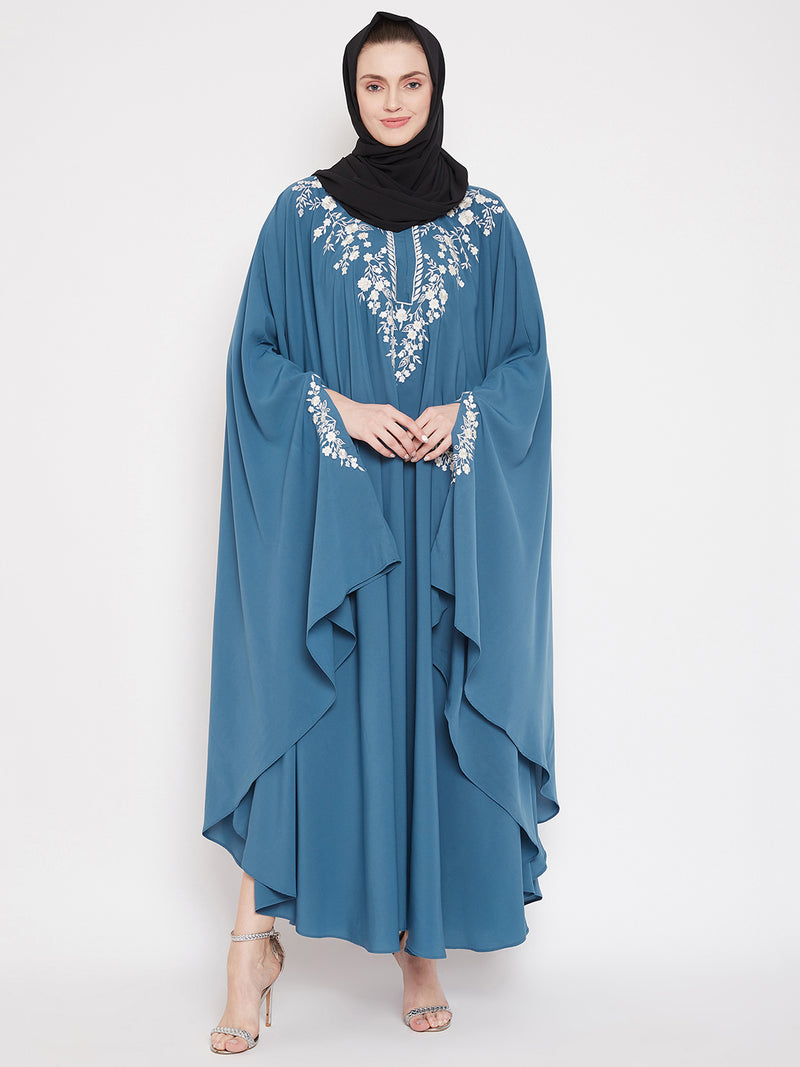 Nabia Women Sky Blue Irani Kaftan Abaya Enhanced With Chikan Hand Embroidered With Georgette Scarf