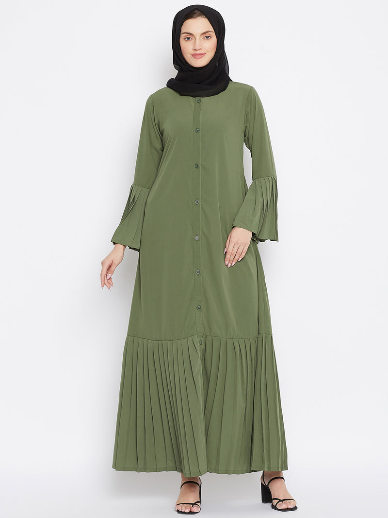 Nabia Women Jate Green Solid Nida Plated Front Open Abaya With Georgette Scarf