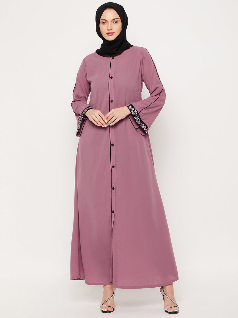 Nabia Puce Pink Nida Matte Fabric Embroidery Work Women Abaya With Georgette Scarf