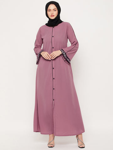 Nabia Puce Pink Front Open Embroidery Work Women Abaya With Georgette Scarf