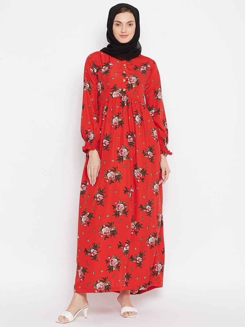 Nabia Women Red Floral Printed Crepe Abaya Dress With Georgette Scarf