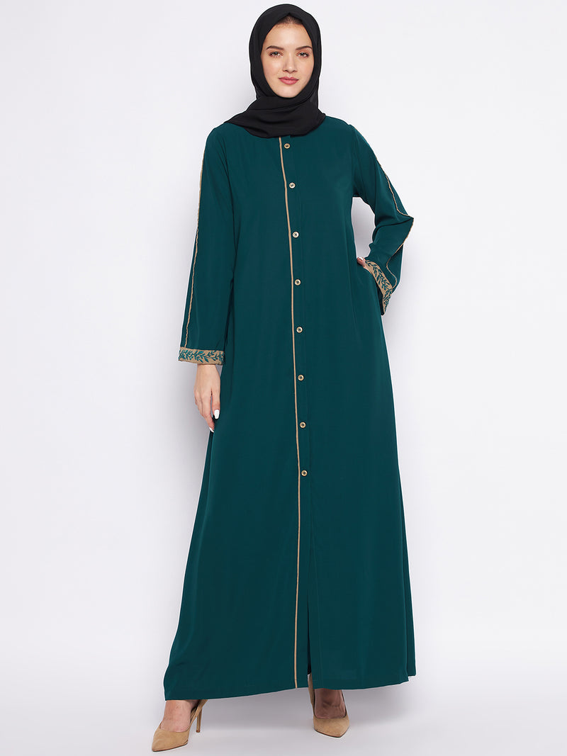 Nabia Bottle Green Nida Matte Fabric Front Open Abaya For Women With Georgette Scarf