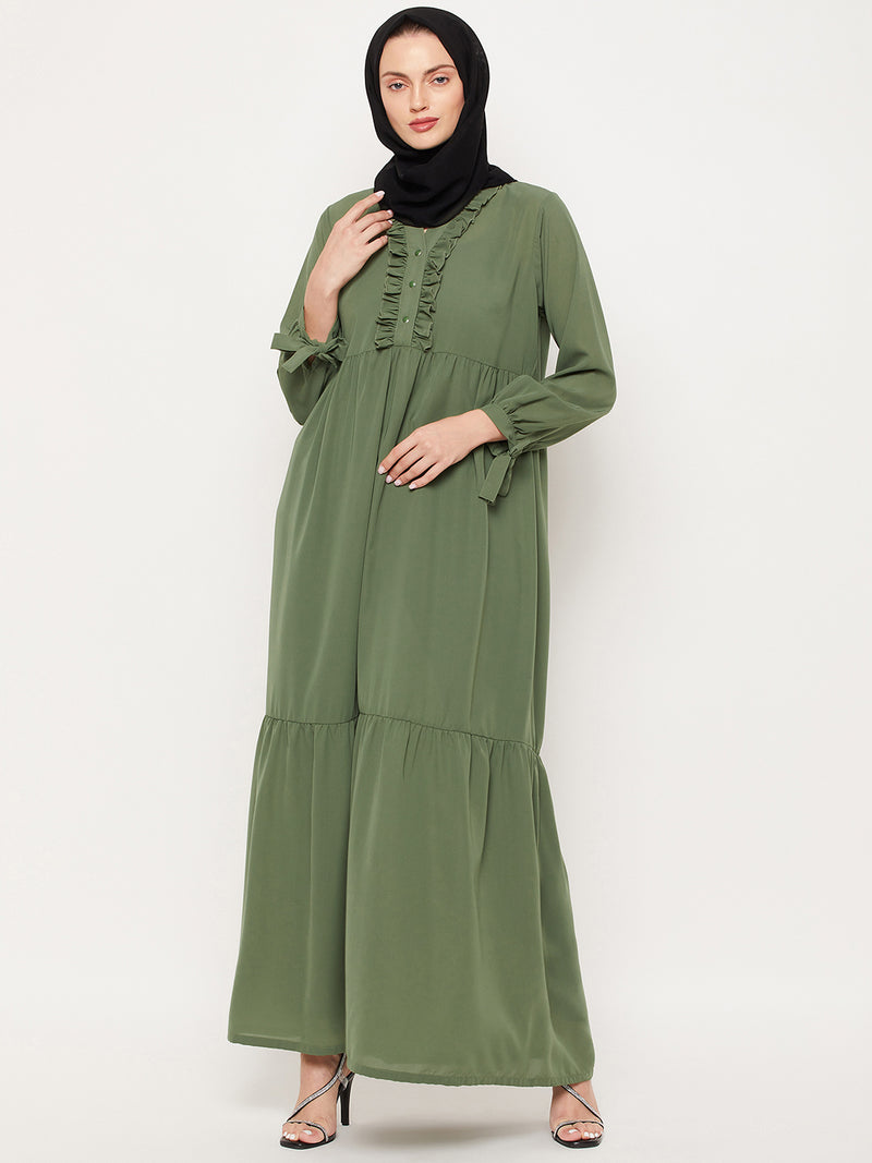 Nabia Jade Green Ruffle Nida Matte Fabric Women Abaya With Georgette Scarf