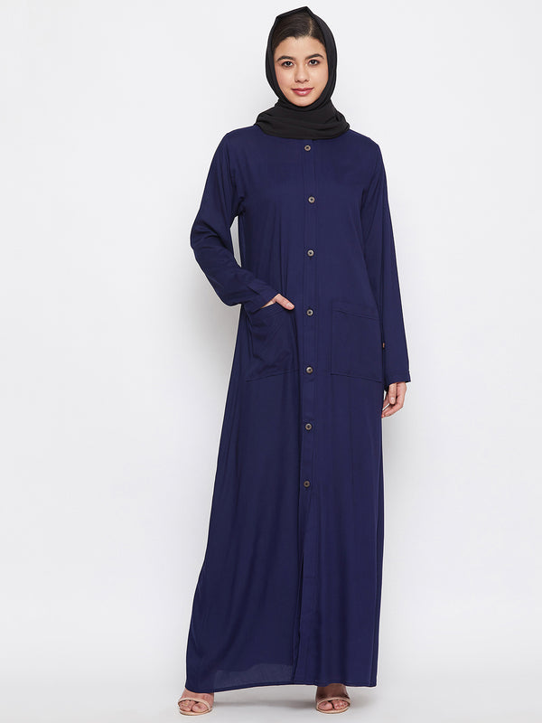 Nabia Women Blue Rayon Front Open Abaya with Georgette Scarf