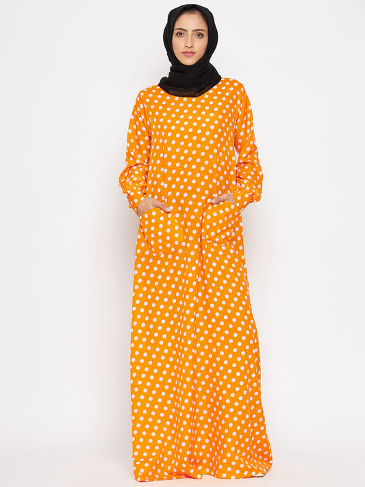 Nabia Women Yellow Polka Crepe Abaya Dress with Georgette Scarf